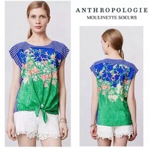 Moulinette Soeurs Striped Floral Blouse in Blue and Green